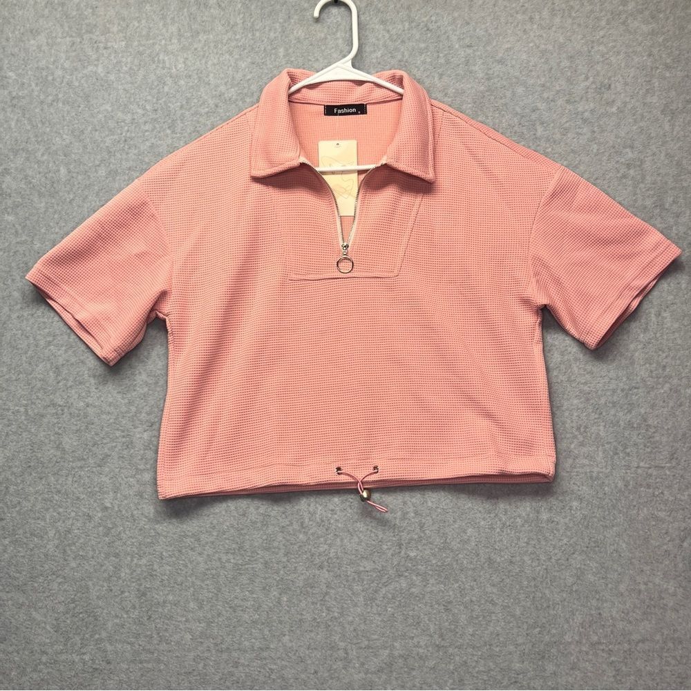 Fashion Cropped 1/4 Zip Pullover Tee Shirt‎ Pink Short Sleeve S New